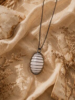 Handmade Rose Quartz Healing Crystal Necklace Large Statement Pendant